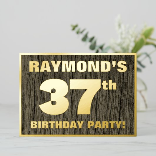第37回誕生日パーティーはっきりした:木目フェイク模様 箔招待状 (立ち正面)