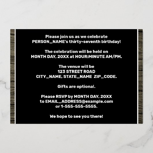 第37回誕生日パーティーはっきりした:木目フェイク模様 箔招待状 (裏面)