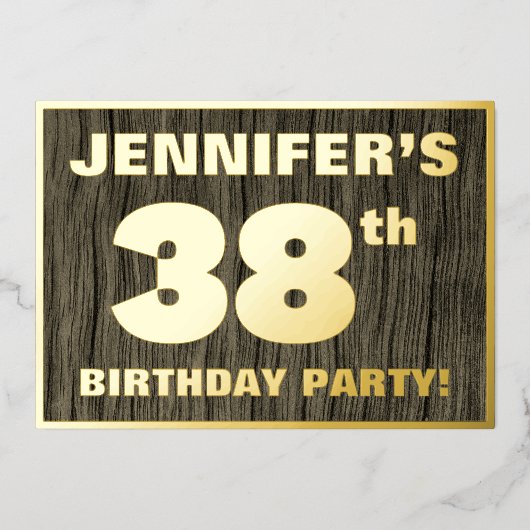 第38回誕生日パーティーはっきりした:木目フェイク模様 箔招待状 (正面)