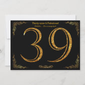 第39誕生会、Gatsbyのstyl、黒い金ゴールドのグリッター 招待状 (正面)