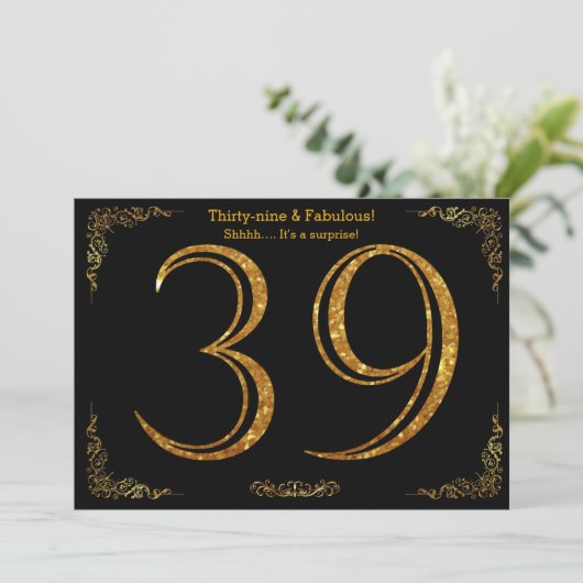 第39誕生会、Gatsbyのstyl、黒い金ゴールドのグリッター 招待状 (スタンド正面)