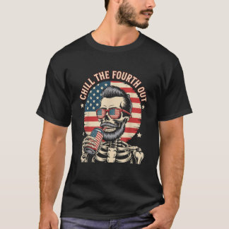 第4の愛国的スケルトンUSA国旗を冷やすM Tシャツ