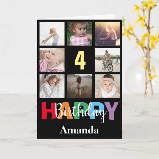 第4ハッピーバースデーフォトコラージュ黒モダン色 カード (黄色い花)