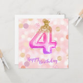 第4ピンクパープル金ゴールド誕生日ガールカード カード (正面/裏面インサイチュ)