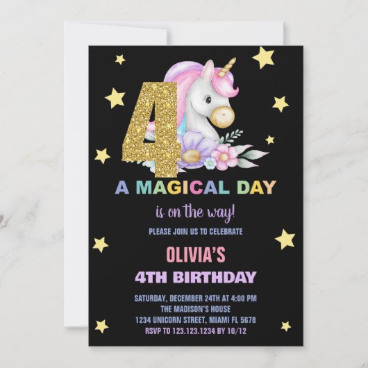 第4フローラユニコーン誕生日招待状 招待状 (正面)