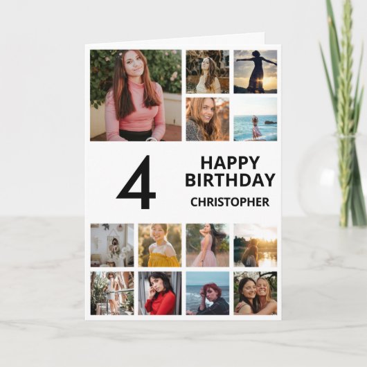 第4回誕生日フォトコラージュ13枚の写真(白黒) カード (正面)