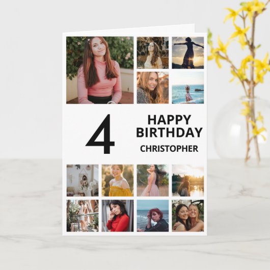 第4回誕生日フォトコラージュ13枚の写真（白黒） カード (黄色い花)