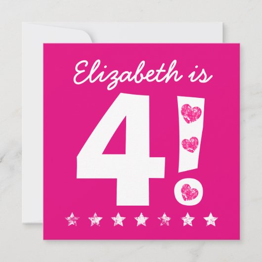 第4回誕生日名前をカスタムするピンク、女の子A05用 招待状 (正面)