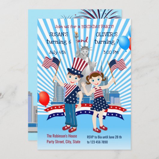 第4日7月誕生日コンジョインキッズパーティの招待状 招待状 (正面/裏面)