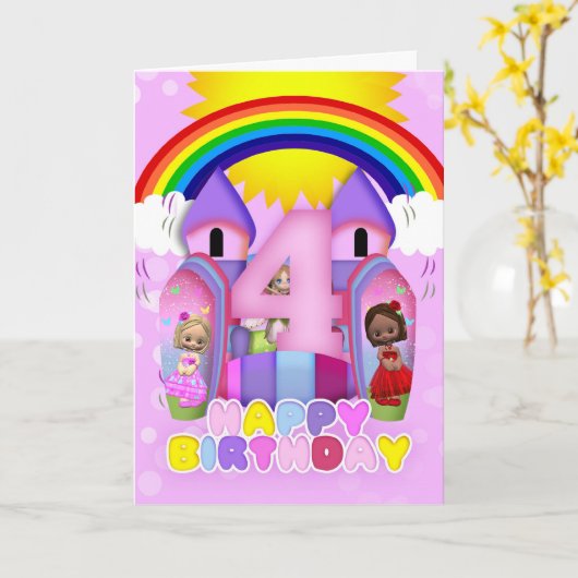 第4誕生日の女の子のための弾力がある城の挨拶状 カード (黄色い花)