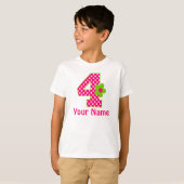 第4誕生日の女の子のピンクおよび緑の花のTシャツ Tシャツ (正面フル)