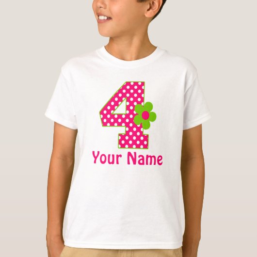 第4誕生日の女の子のピンクおよび緑の花のTシャツ Tシャツ (正面)