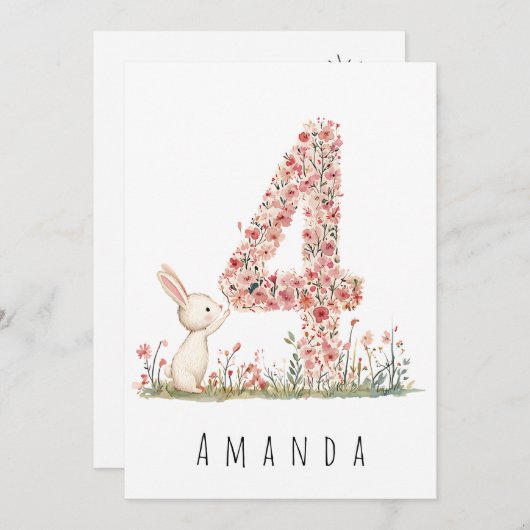 第4誕生日フローラフォー&ホワイトバニーカード 招待状 (正面/裏面)