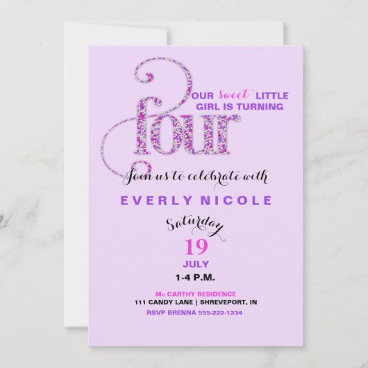 第4誕生日ラベンダーパープルピンクの振り掛け 招待状 (正面)