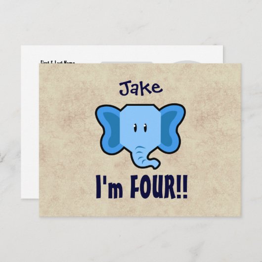 第4誕生日男の子E04Zのためのかわいく青い象の顔 案内ポストカード (正面/裏面)