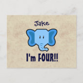 第4誕生日男の子E04Zのためのかわいく青い象の顔 案内ポストカード (正面)