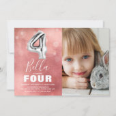 第4誕生日銀バルーン |ピンクの写真パーティー 招待状 (正面)