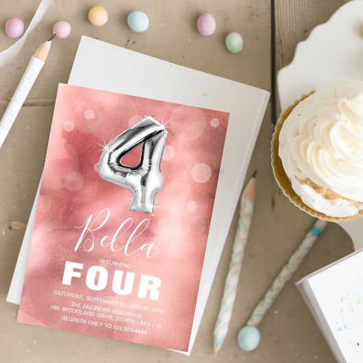 第4誕生日銀バルーン |ピンクパーティー 招待状