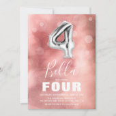 第4誕生日銀バルーン |ピンクパーティー 招待状 (正面)