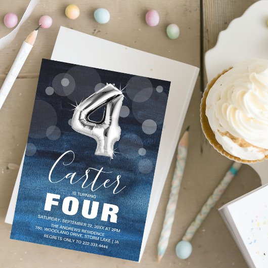 第4誕生日銀バルーン |青いパーティー 招待状