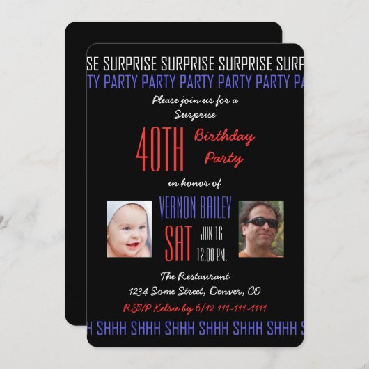 第40回サプライズ誕生日パ男性へーティー写真 招待状 (正面/裏面)