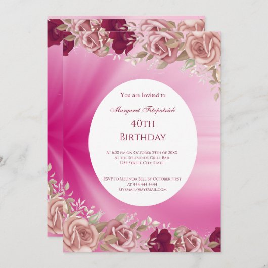第40回ピンクの花赤ピンクのバラ誕生日パーティー 招待状 (正面/裏面)