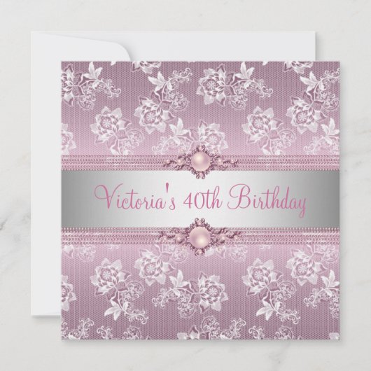 第40回ピンクホワイトシルバーレースフローラ誕生日パーティー 招待状 (正面)