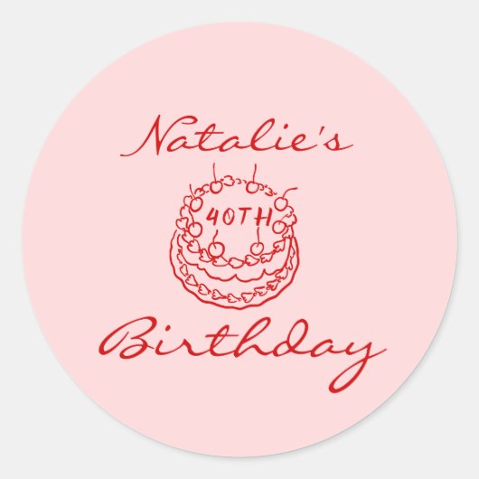 第40回手描きピンクケーキガラス誕生日パーティー ラウンドシール (正面)