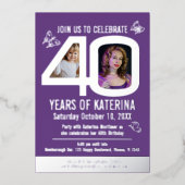 第40回誕生日の紫色の銀箔の写真蝶 箔招待状 (正面)