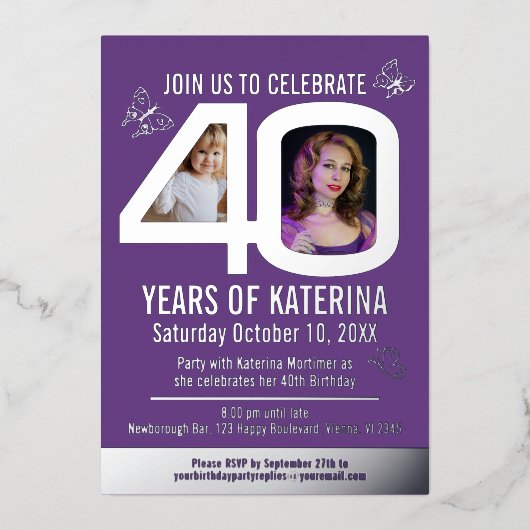 第40回誕生日の紫色の銀箔の写真蝶 箔招待状 (正面)