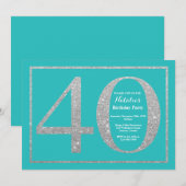 第40回誕生日招待状ティール（緑がかった色）とシルバーグリッター 招待状 (正面/裏面)