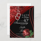 第40回赤いグリッターとバラ記念日 – 日付を保存 案内ポストカード (正面/裏面)