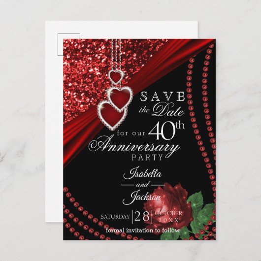 第40回赤いグリッターとバラ記念日 – 日付を保存 案内ポストカード (正面/裏面)