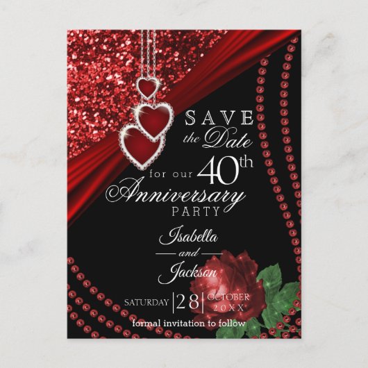 第40回赤いグリッターとバラ記念日 – 日付を保存 案内ポストカード (正面)
