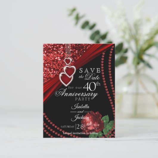 第40回赤いグリッターとバラ記念日 – 日付を保存 案内ポストカード (スタンド正面)