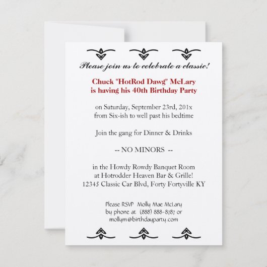 第40彼のための誕生会-クラシックは車を改造します 招待状 (裏面)