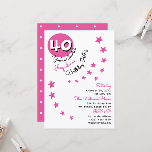 第40期ピンクハッピーバースデー名前をカスタムする招待状 招待状 (正面/裏面インサイチュ)