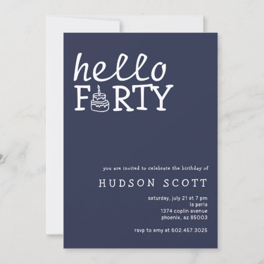 第40期メンズバースデーパーティーこんにちはフォーティーンネイビーブルー 招待状 (正面)