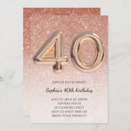 第40期女性誕生日バラ金ゴールドエレガントグリッター 招待状 (正面/裏面)