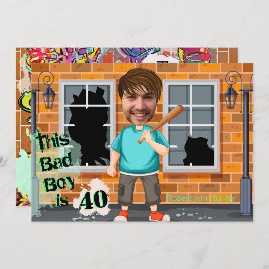 第40期男子誕生日バートボーイおもしろい顔切り抜き 招待状 (正面/裏面)