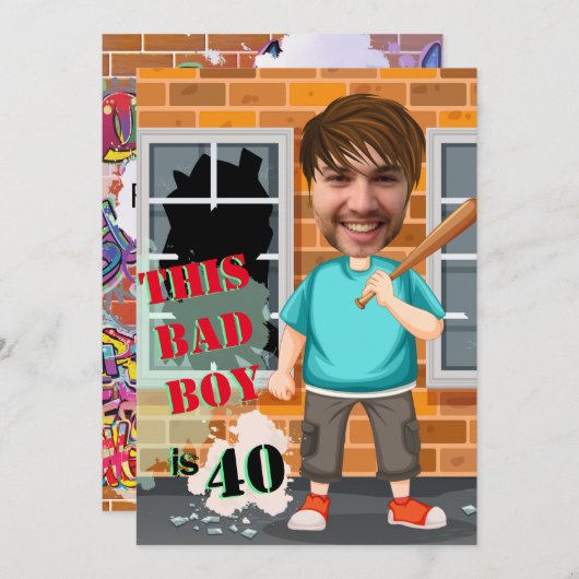 第40期男子誕生日バートボーイおもしろい顔切り抜き 招待状 (正面/裏面)
