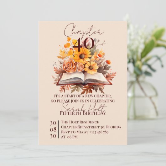 第40章の誕生日 - 秋の花々と開いた本 招待状 (スタンド正面)