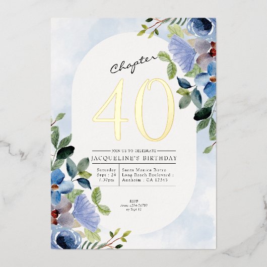 第40章青フローラ第40回誕生日金ゴールド 箔招待状 (正面)