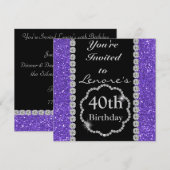 第40紫色のきらきら光るな誕生日のパーティの招待状 招待状 (正面/裏面)