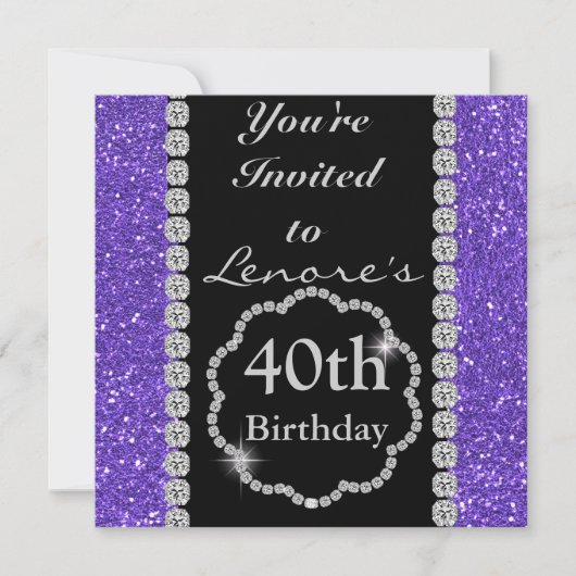 第40紫色のきらきら光るな誕生日のパーティの招待状 招待状 (正面)