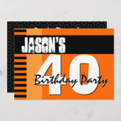 第40誕生会のオレンジおよび黒いストライプ 招待状 (正面/裏面)