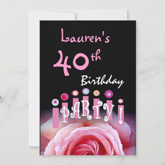 第40誕生会のピンクのバラおよびW1167蝋燭の 招待状 (正面)