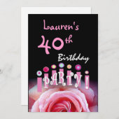 第40誕生会のピンクのバラおよびW1167蝋燭の 招待状 (正面/裏面)