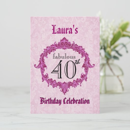 第40誕生会のヴィンテージのピンクフレームS313 招待状 (スタンド正面)