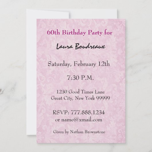 第40誕生会のヴィンテージのピンクフレームS313 招待状 (裏面)